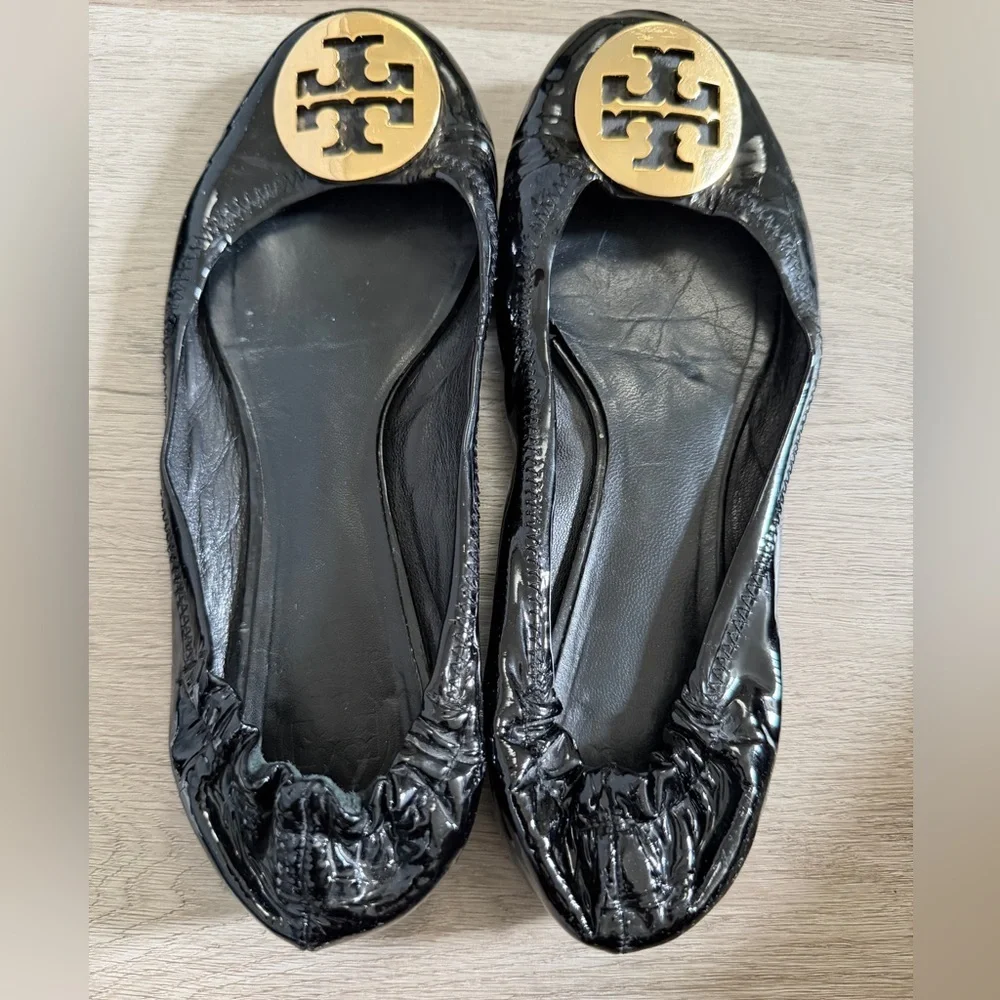 Tory Burch Black Patent Leather Logo Ballet Flats with Gold Emblem